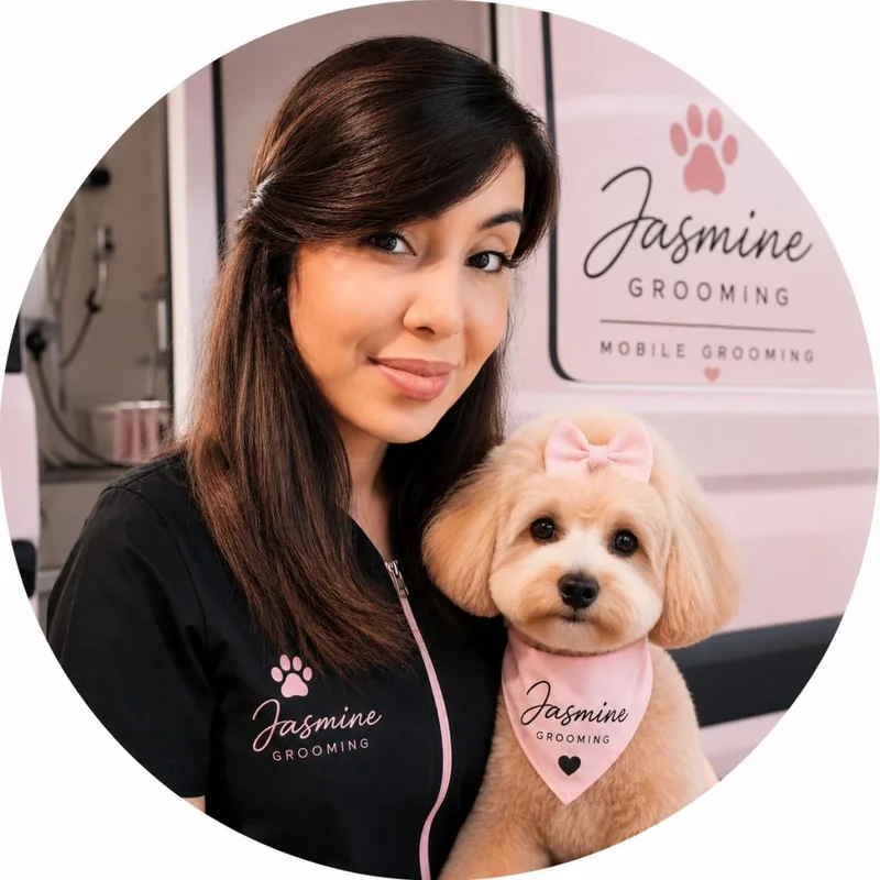 Jasmine holding a freshly groomed dog with a pink bow